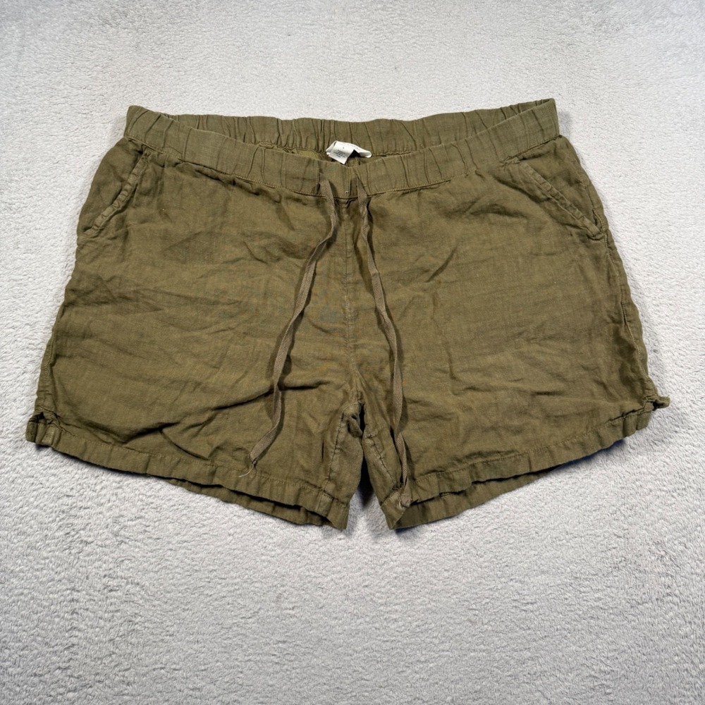 Caslon 100% Linen Shorts Womens L Olive Green‎ Drawstring Elastic Waist Casual